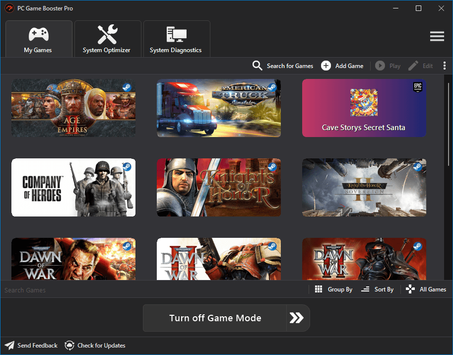 Интерфейс PC Game Booster с разделом My Games