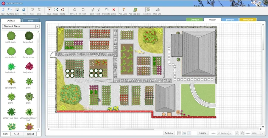 Интерфейс Garden Planner с планом участка и объектами ландшафта