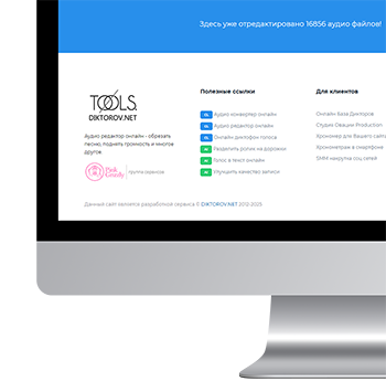 Интерфейс аудиоредактора tools.diktorov.net с волной, кнопками нормализации и сохранения