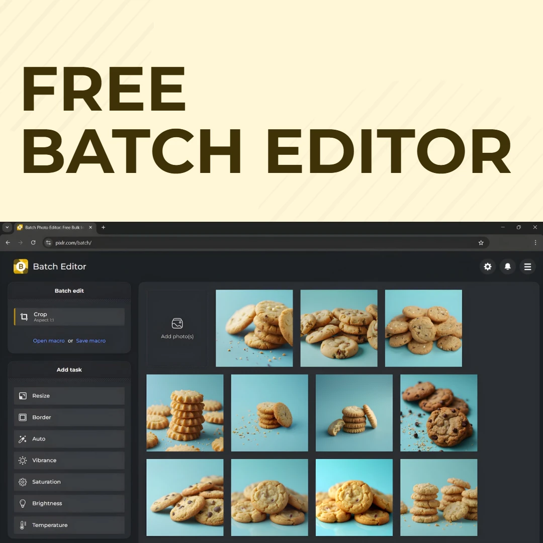 Интерфейс Pixlr AI Batch Editor с группой фотографий и панелью настроек