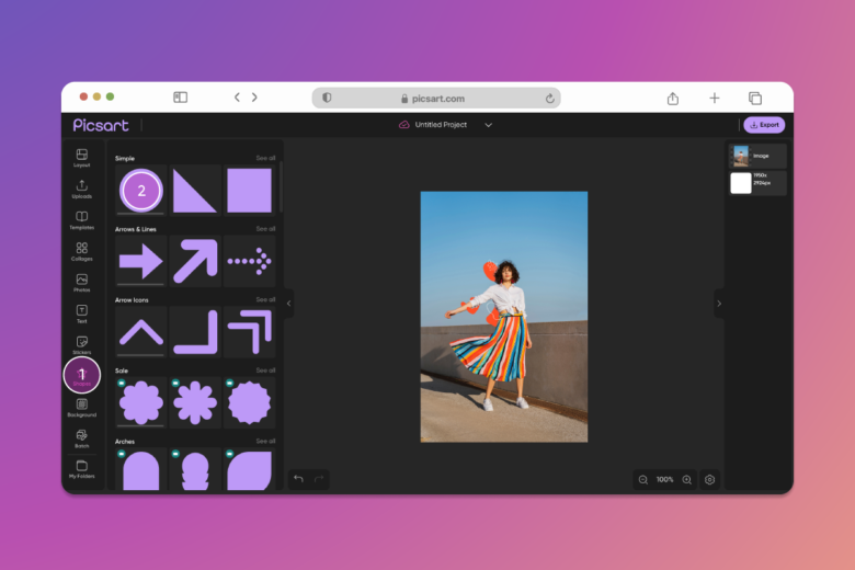Редактор Picsart с панелью фигур, холстом и слоями проекта