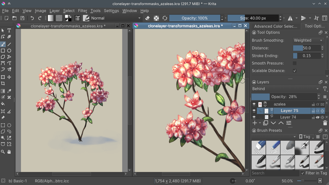 Krita с несколькими представлениями одного изображения и панелью слоёв