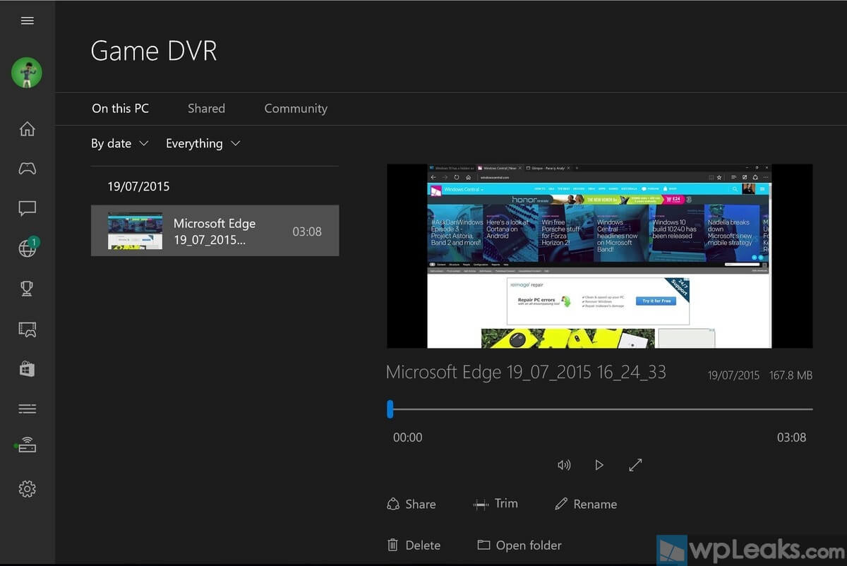 Виджет захвата Windows Game DVR