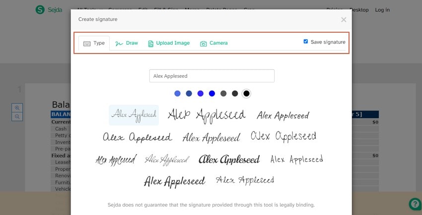 Создание подписи в Sejda PDF Editor