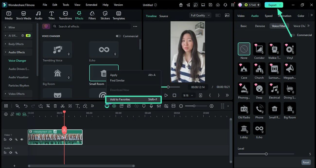 Wondershare Filmora: добавление голосового эффекта в избранное