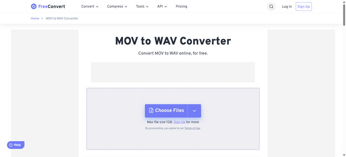 Страница FreeConvert MOV to WAV с кнопкой Choose Files
