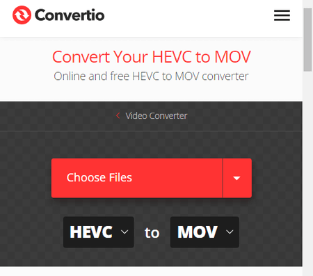 Интерфейс Convertio для направления HEVC to MOV