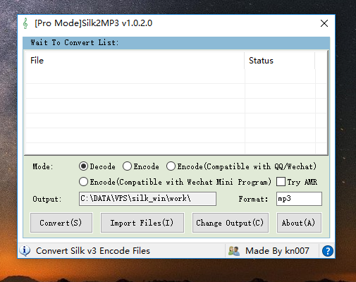 Профессиональный режим Silk2MP3 с переключателями Decode, Encode, совместимостью QQ/WeChat и полем Format