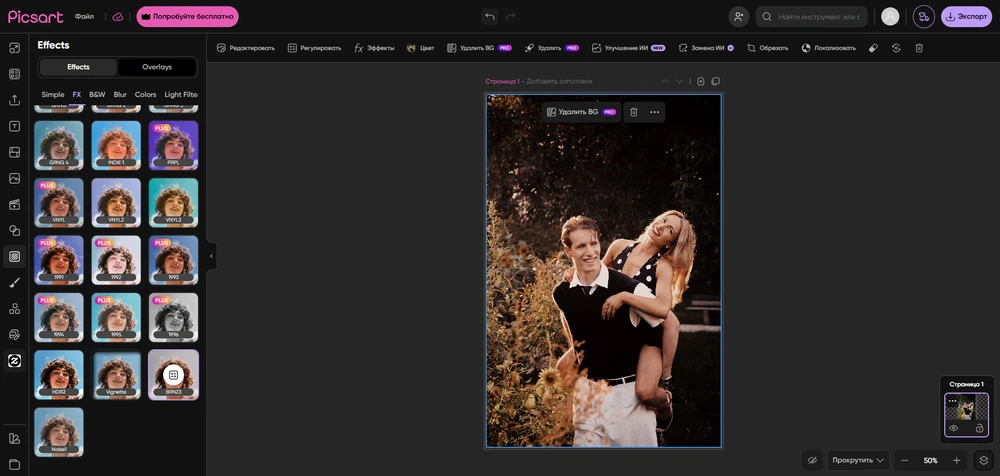 Интерфейс Picsart с инструментами обработки