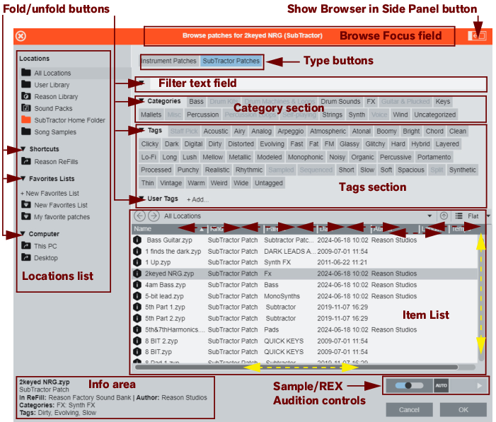 Browser в Reason с областью Sample REX Audition controls