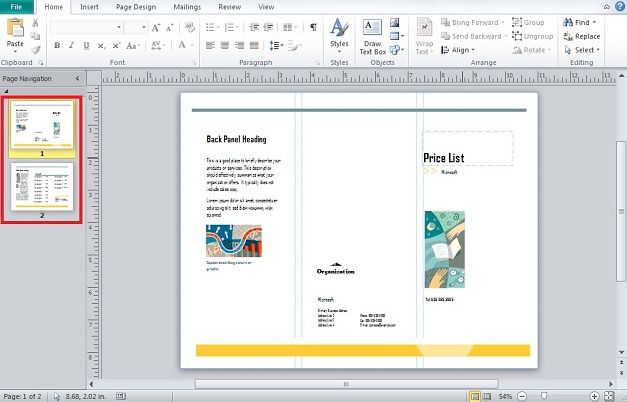 Рабочая область Publisher с двухсторонним макетом буклета