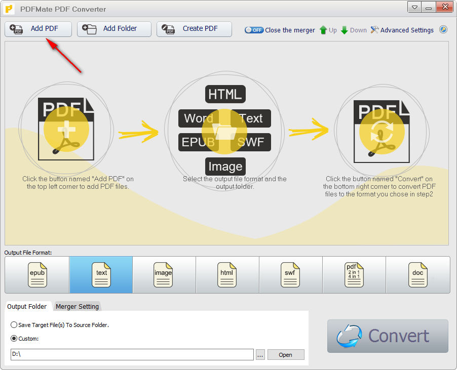 Интерфейс PDFMate PDF Converter Free с добавлением PDF
