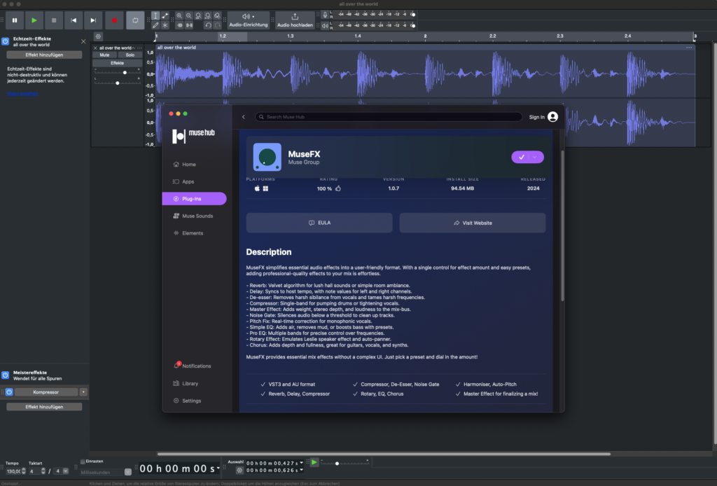 Audacity и MuseHub с пакетом MuseFX