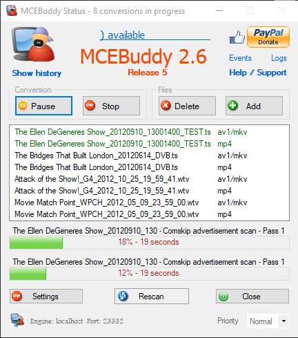 Главное окно MCEBuddy Status с очередью конвертации