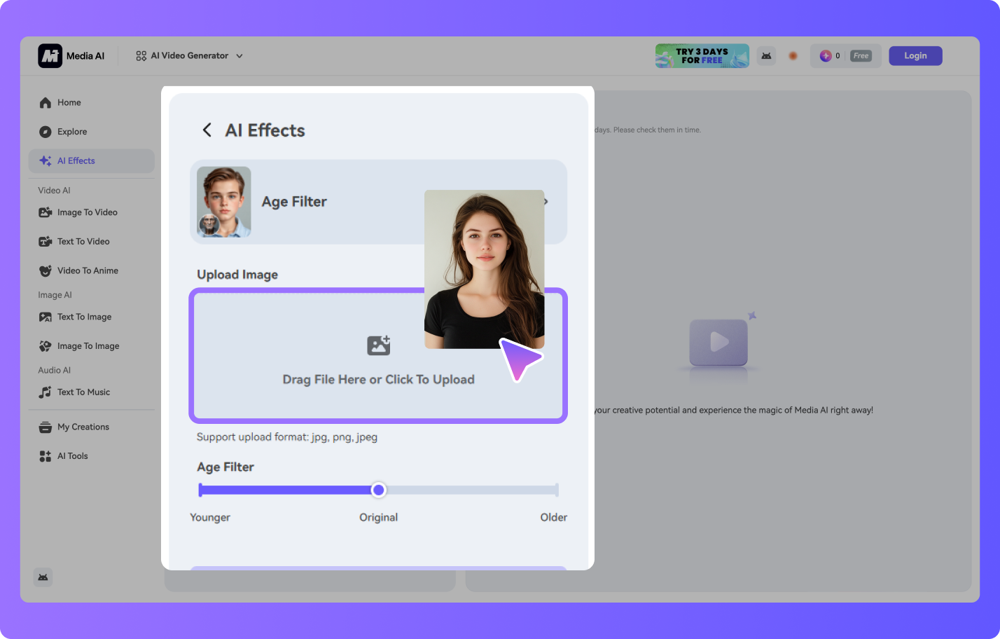 Загрузка портрета и ползунок возраста Age Filter в Media.io