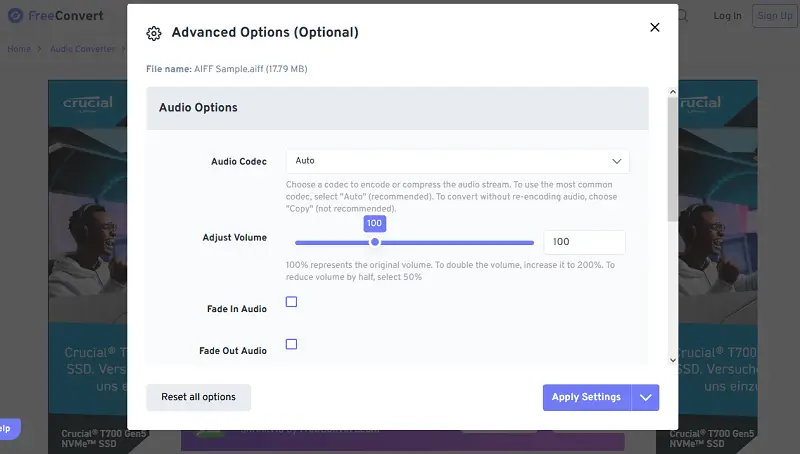 Advanced Settings при конвертации AIFF в FreeConvert