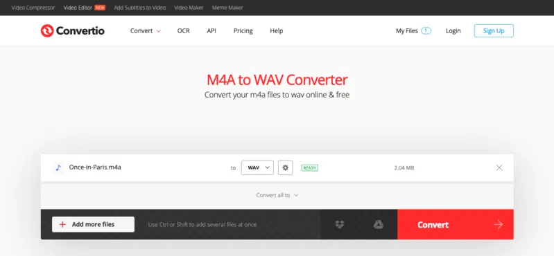 Convertio: выбор WAV для M4A