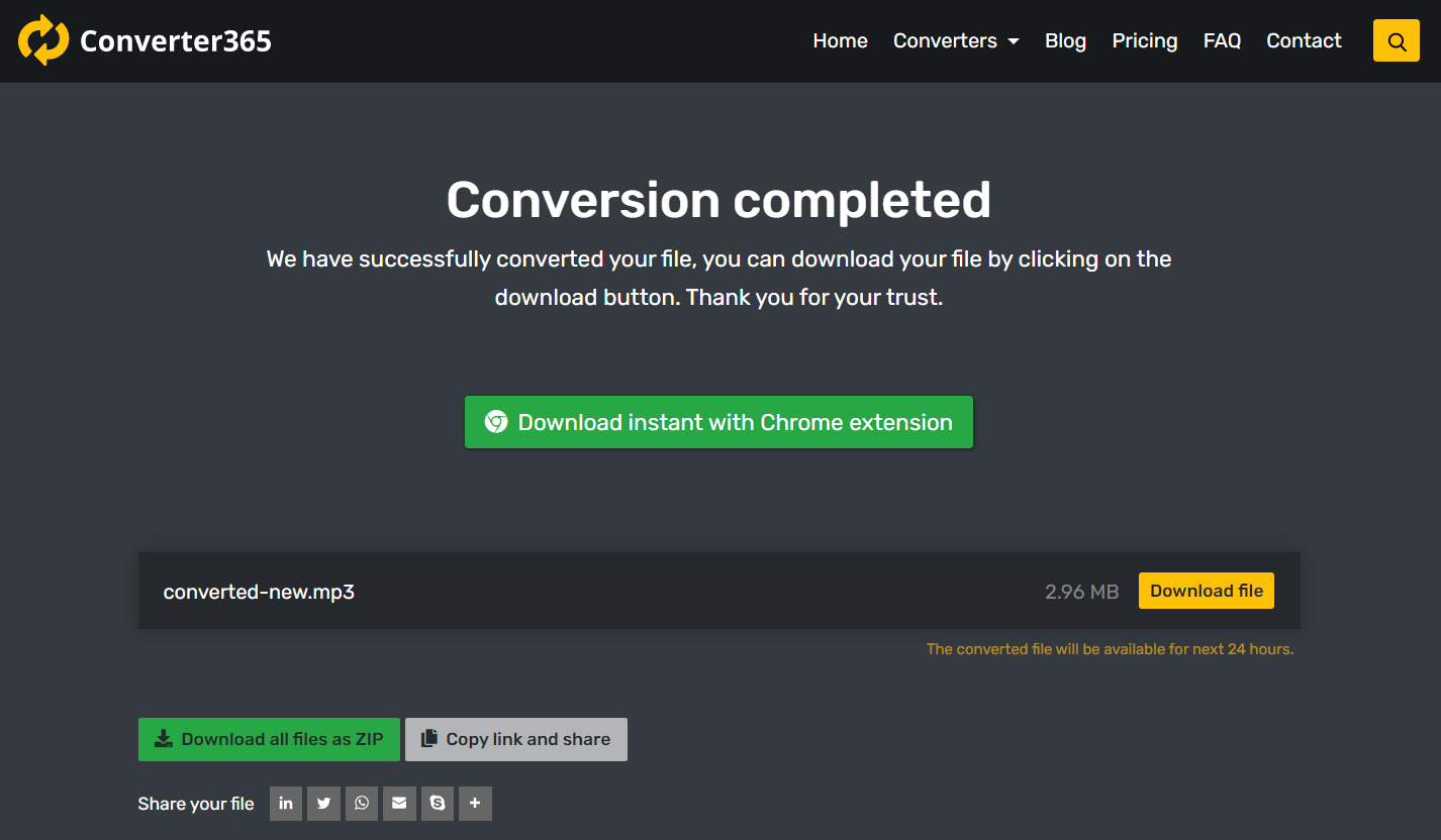 Converter365: экран завершённой конвертации и кнопка Download file