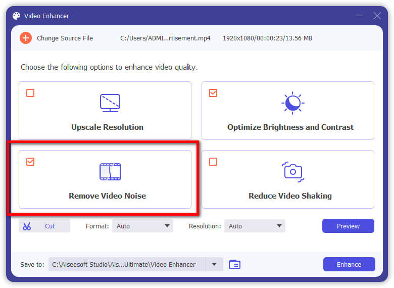 Пункт Remove Video Noise в Aiseesoft Video Enhancer