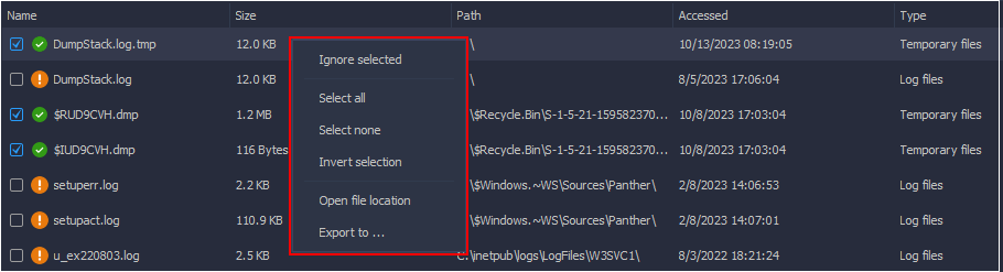 Результаты Advanced Cleaner с контекстным меню