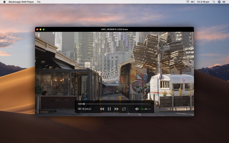 Интерфейс Blackmagic RAW Player при воспроизведении файла BRAW