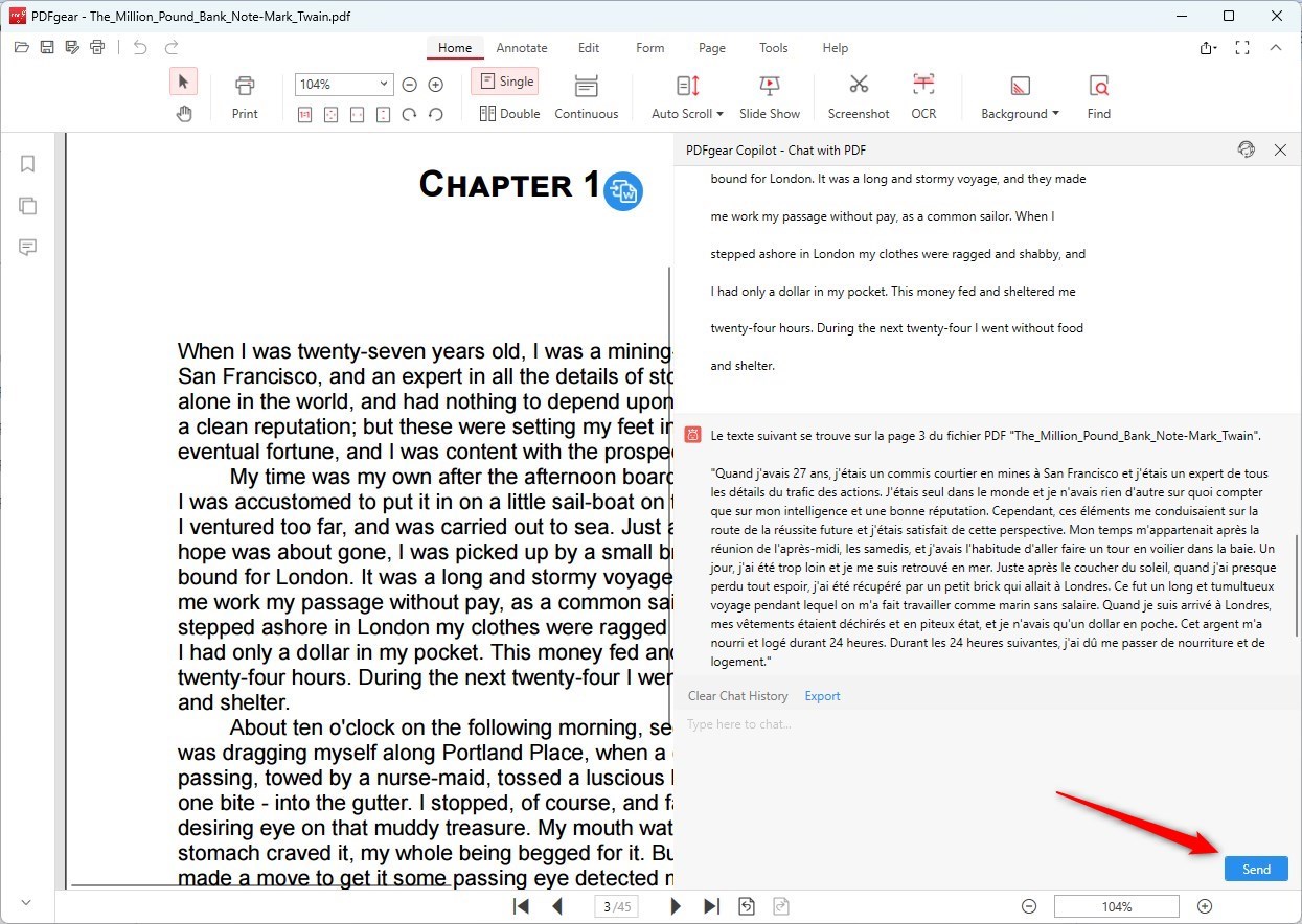 PDFgear Copilot: перевод фрагмента PDF в боковой панели