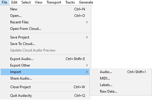 Audacity: меню File — Import — Audio для добавления аудиофайла в проект