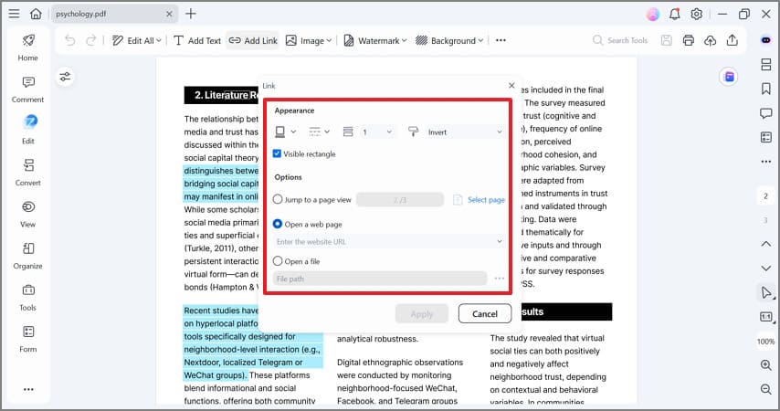 Настройка области ссылки в PDFelement