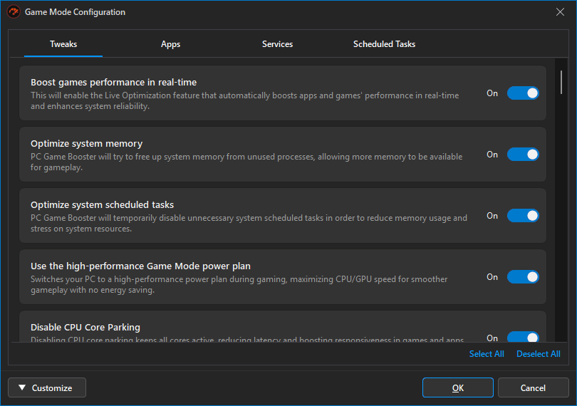 Вкладка Tweaks в Game Mode Configuration