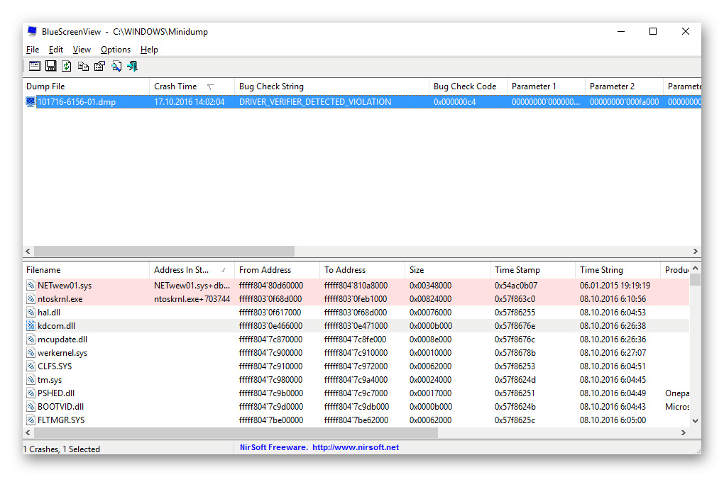 Открытие дампа MEMORY_MANAGEMENT в BlueScreenView на Windows 10
