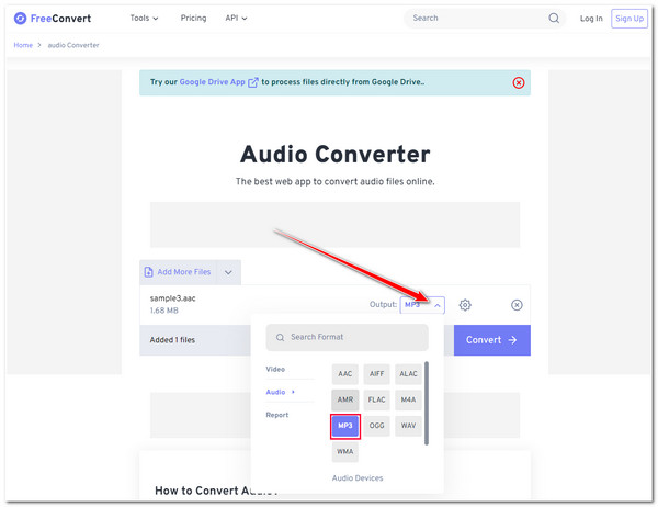 FreeConvert с выбором MP3 для AAC