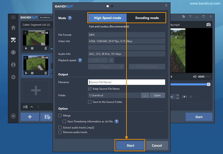 Выбор High-Speed mode и Encoding mode в Bandicut