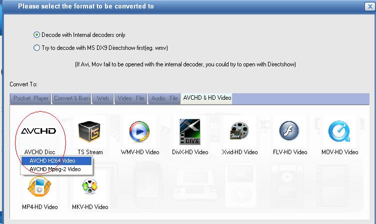 Окно выбора AVCHD и HD-форматов в E.M. Total Video Converter