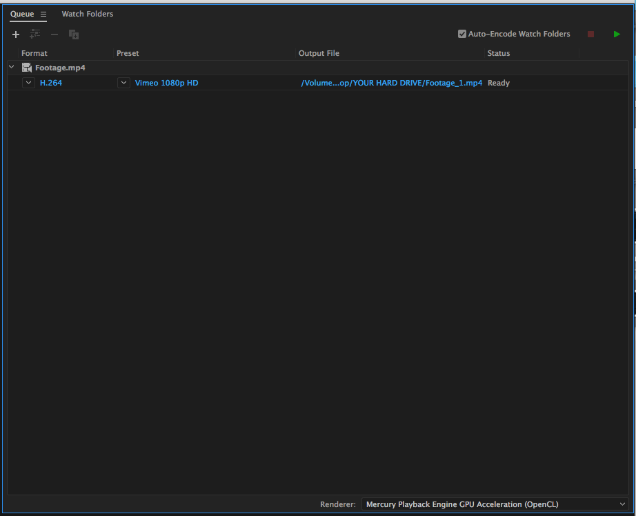 Очередь Adobe Media Encoder с форматом H.264, пресетом Vimeo 1080p HD и выходным файлом