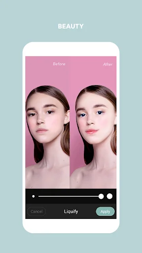 Инструмент Liquify в Cymera с сравнением Before и After, ползунком силы эффекта и кнопками Cancel и Apply