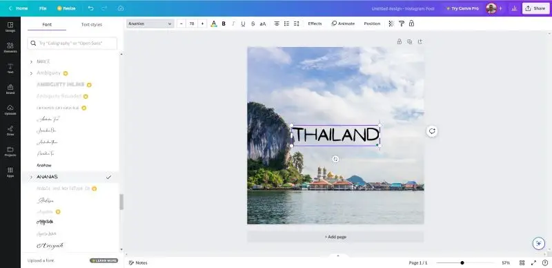 Интерфейс Canva при добавлении текста