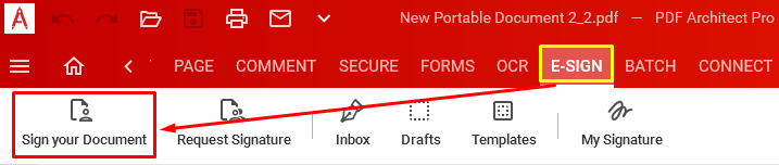 Вкладка E-Sign в PDF Architect с инструментами Sign your Document и Request Signature