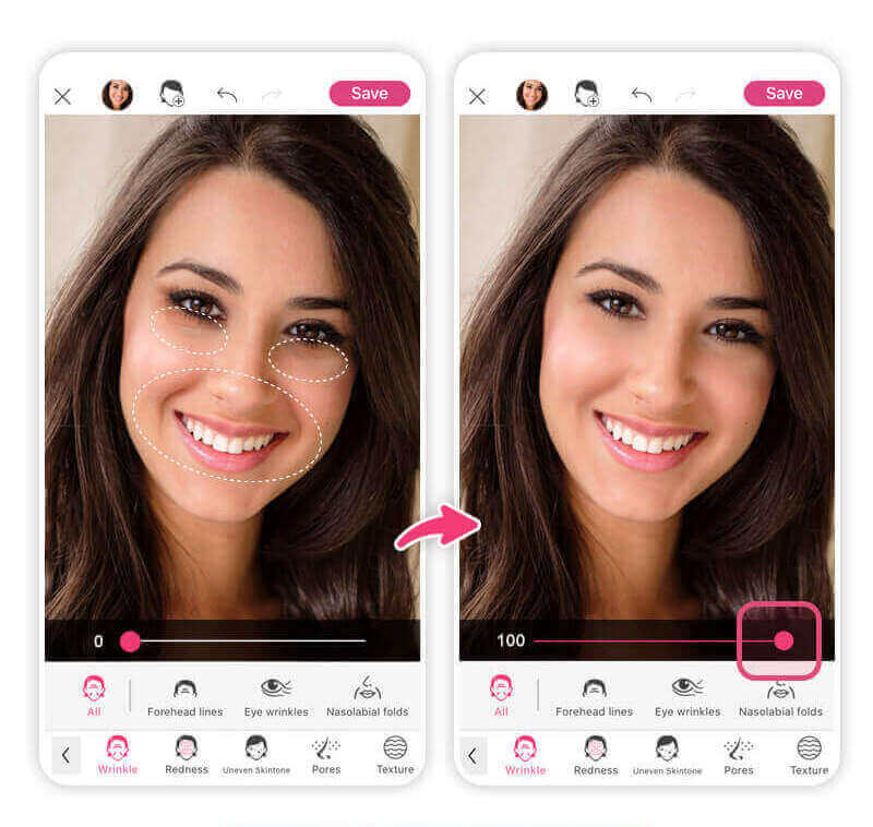 YouCam Makeup: Wrinkle, зоны лица и настройка интенсивности