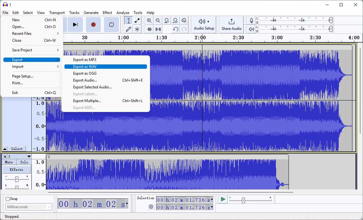 Audacity: экспорт проекта в WAV