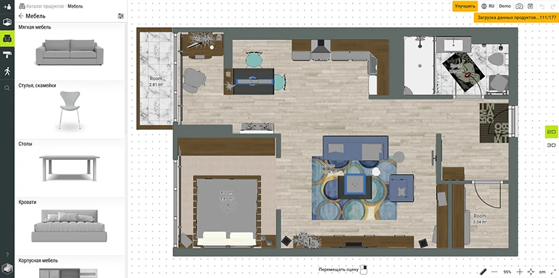 Интерфейс Roomtodo с 2D-планом, мебелью и переключением в 3D