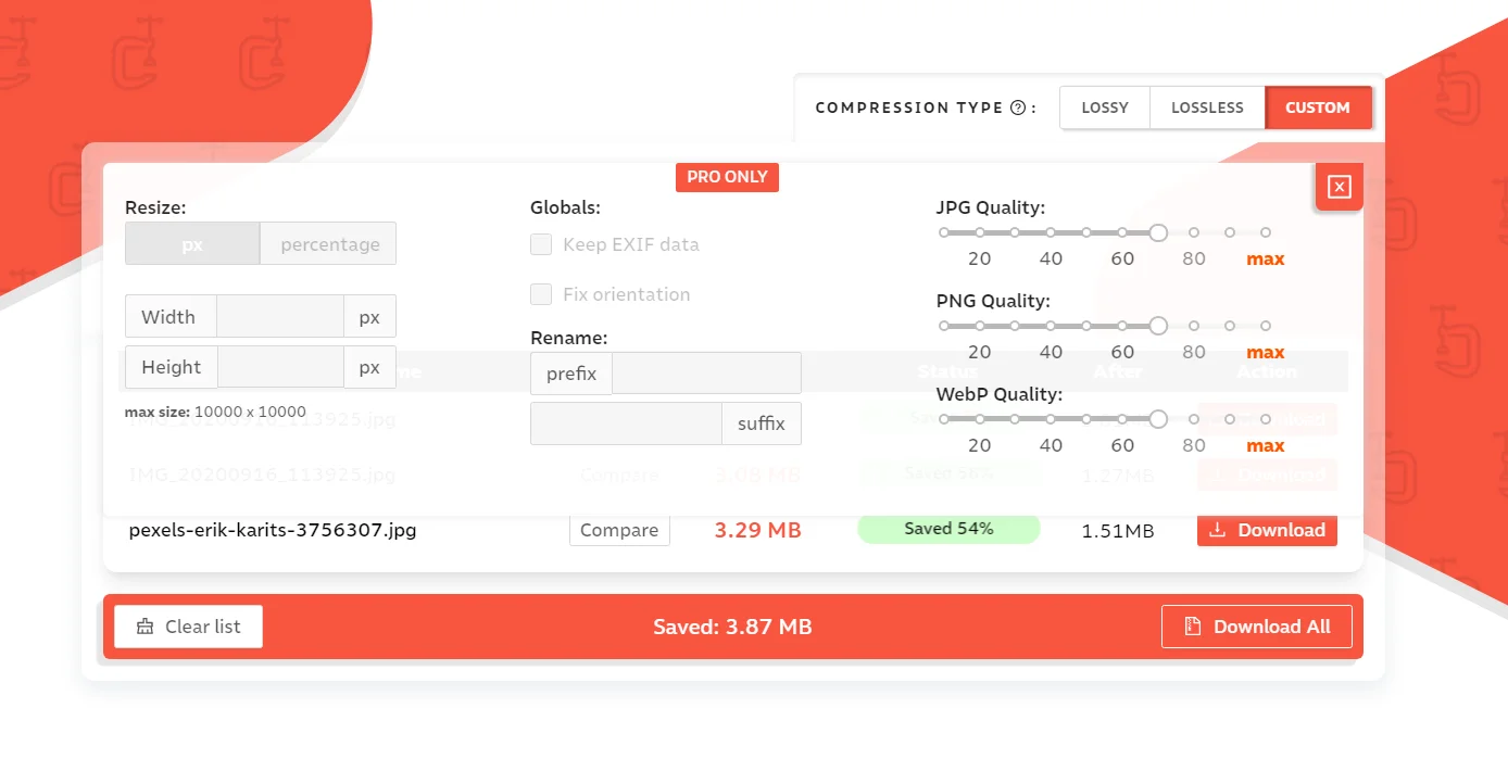 Интерфейс Compressor.io для сжатия или изменения размера изображения