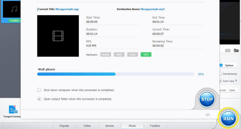 Процесс OGG в MP3 в VideoProc Converter