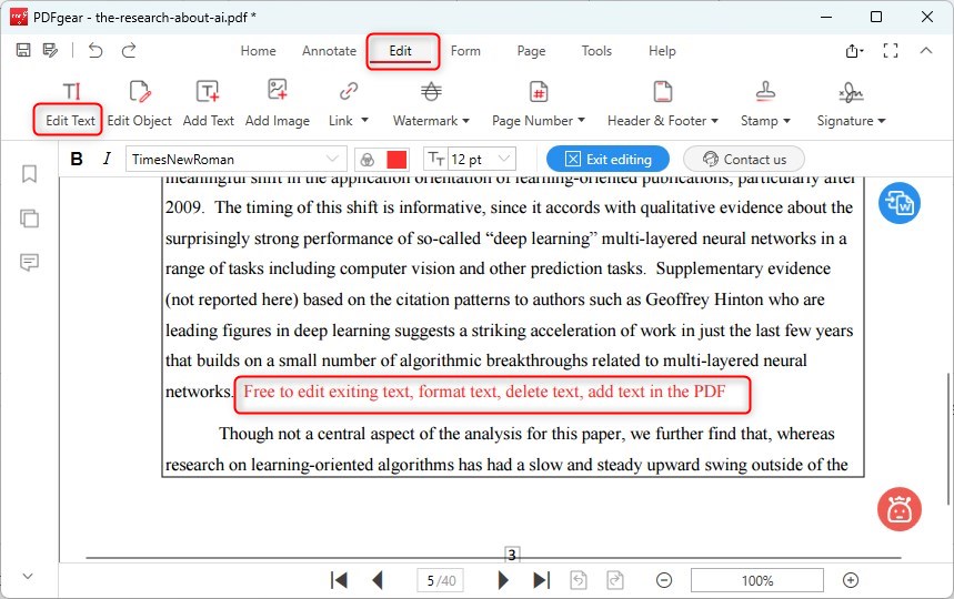 Редактирование текста в PDFgear через Edit Text