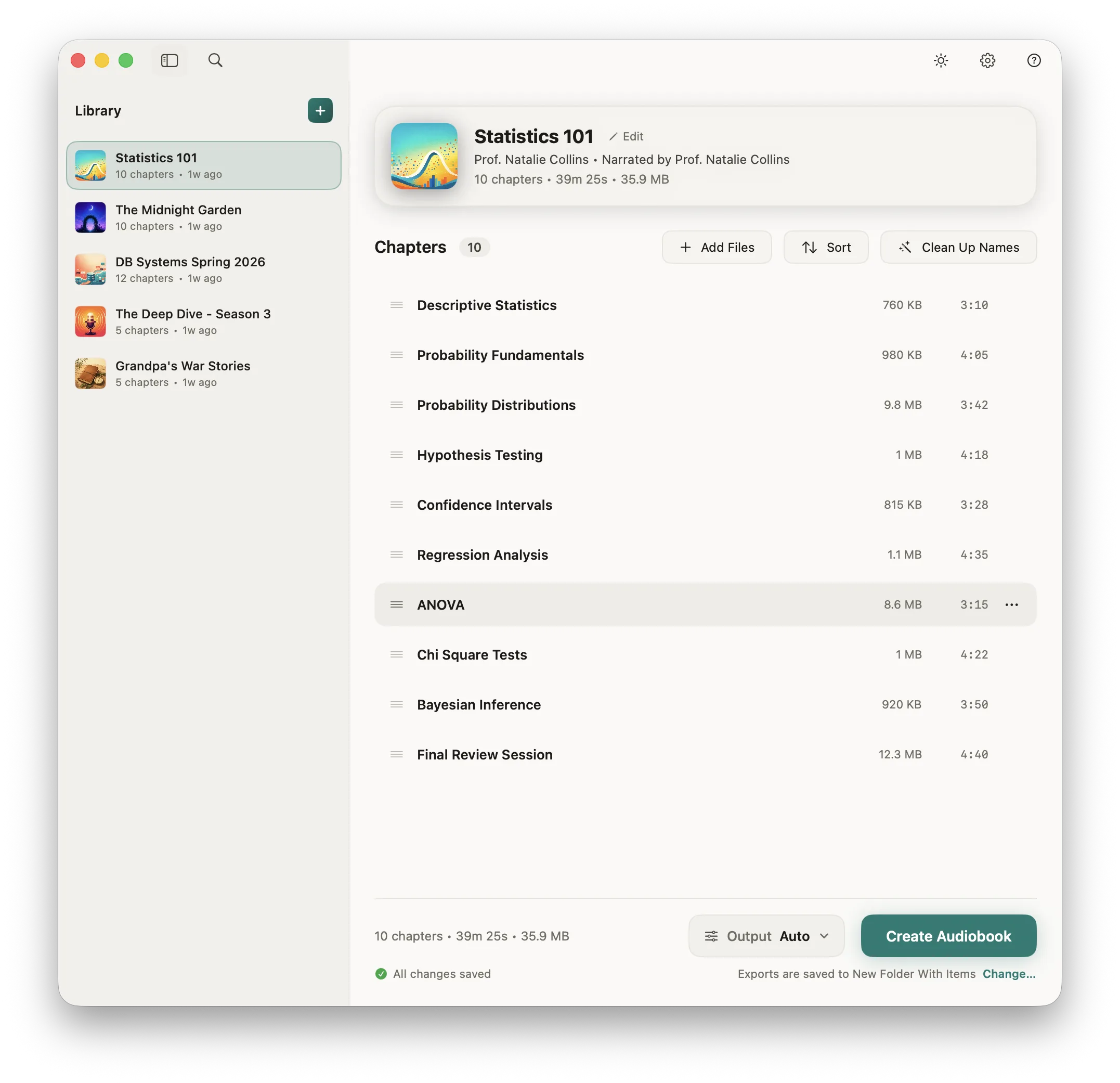 Главное окно Audiobook Binder Pro со списком глав