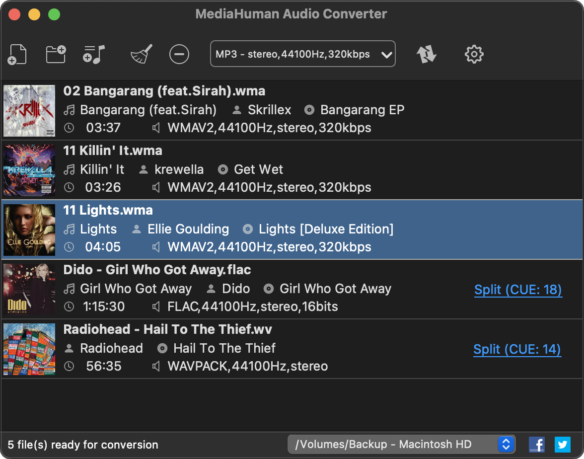 MediaHuman Audio Converter на macOS с выбранным профилем MP3