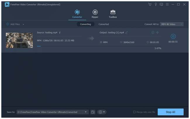 Процесс конвертации в FonePaw Video Converter Ultimate