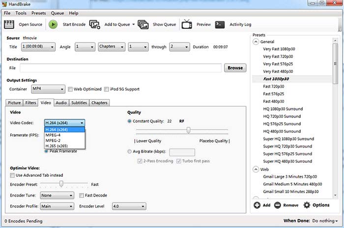 HandBrake при преобразовании HEVC в MP4
