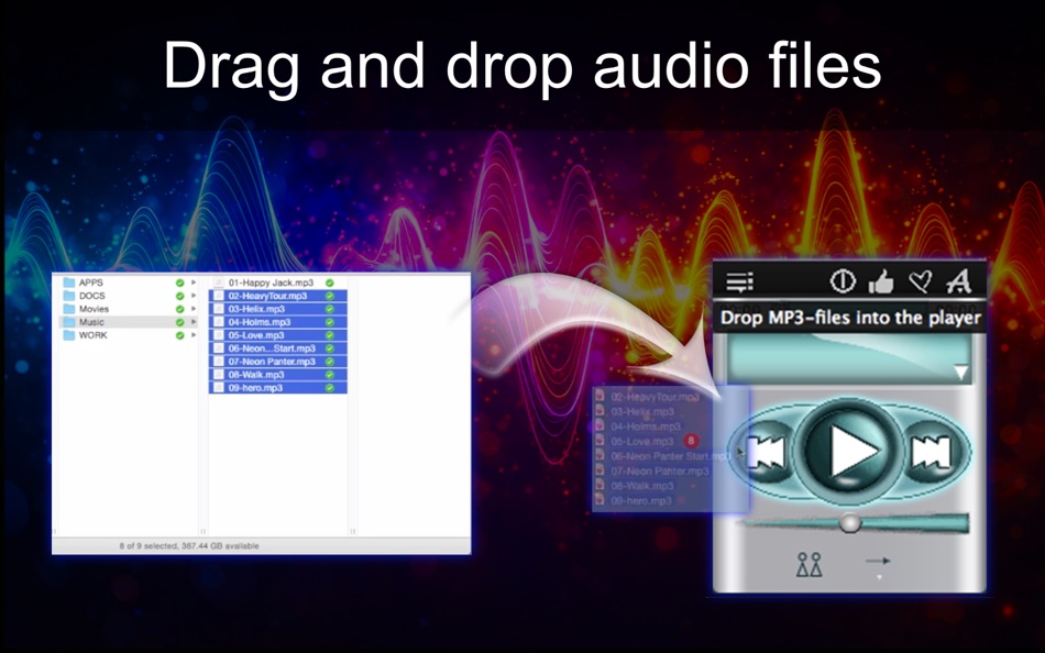 Simple MP3 Player на macOS: перетаскивание аудиофайлов в окно проигрывателя
