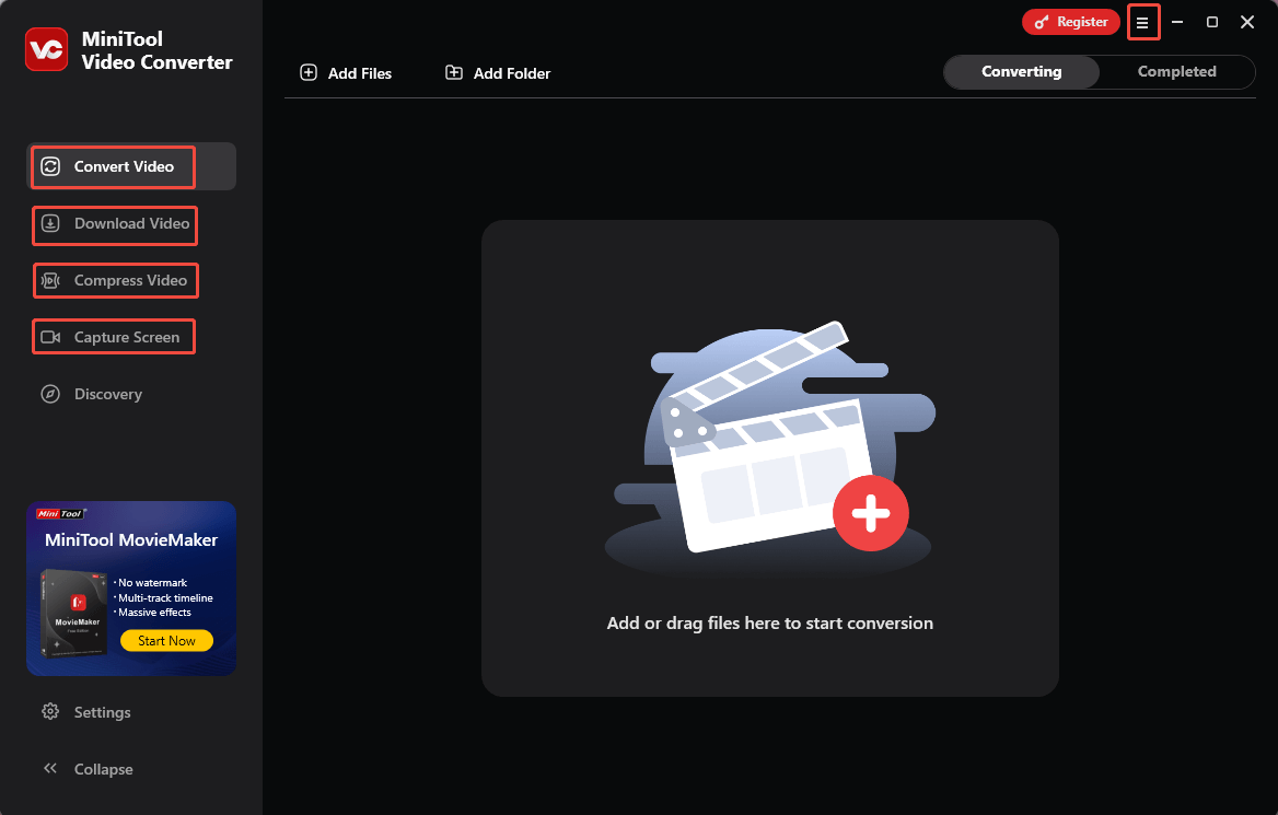 Главное окно MiniTool Video Converter с разделом Convert Video и областью добавления файлов