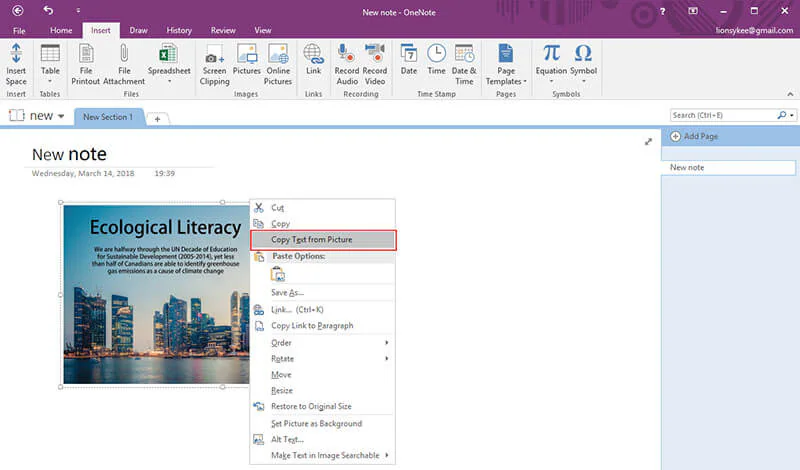 Команда Copy Text from Picture в OneNote